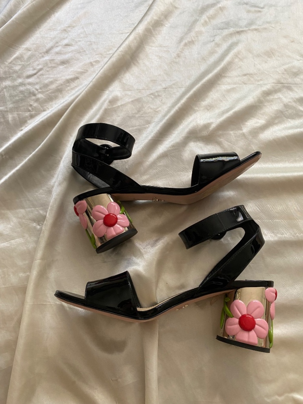 Prada Patent Leather Crome Puffy Flower Block Heel Sandal Size 37 / 6.5 / 7